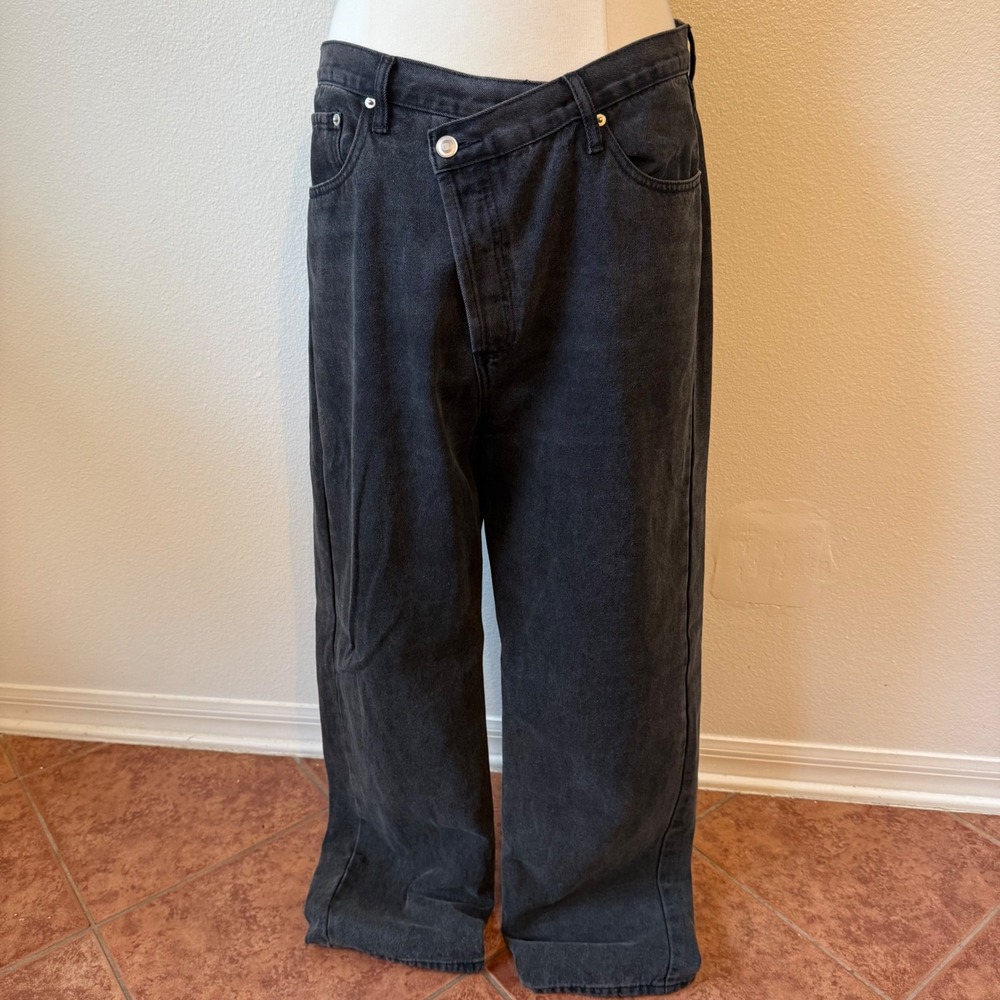 Asymmetrical Criss Cross Baggy Grunge Edgy Jeans Women 14 Washed Black
